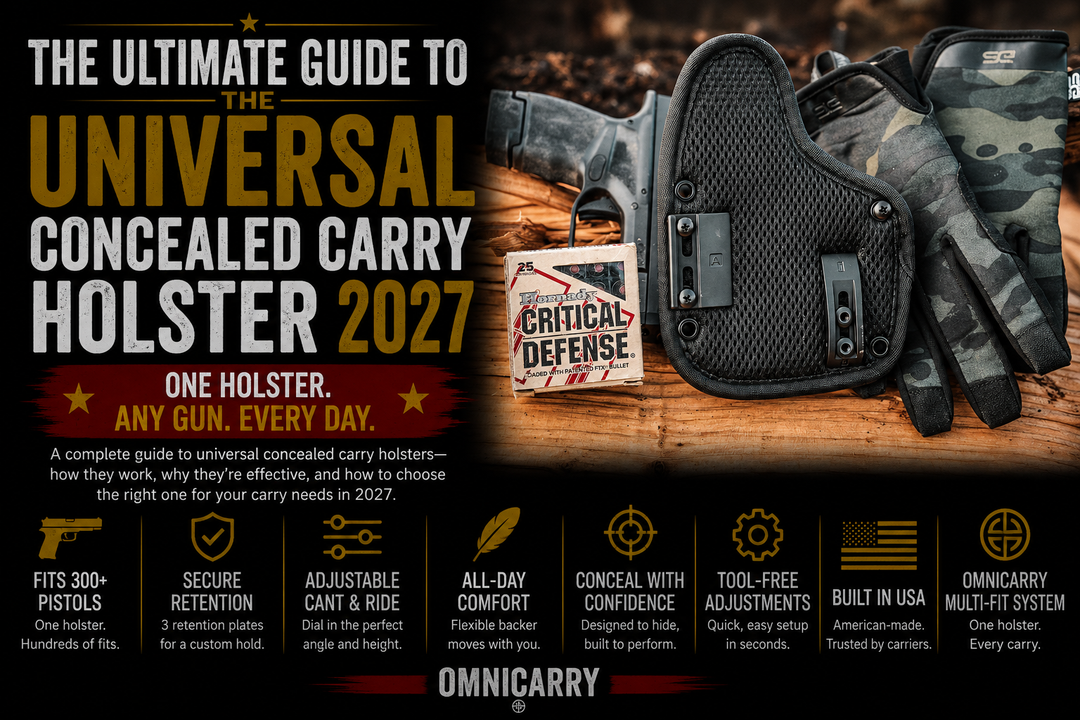 OmniCarry universal concealed carry holster with handgun, tactical gloves, and EDC gear for 2027 holster guide.