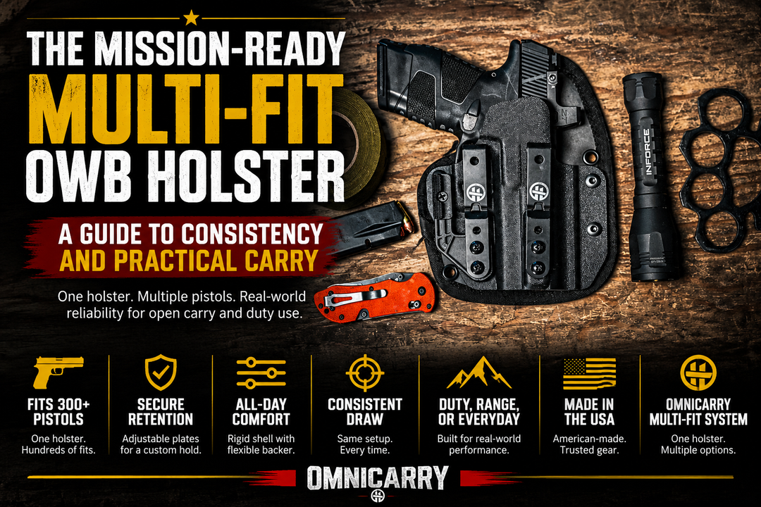 OmniCarry multi-fit OWB holster with handgun, magazine, flashlight and everyday carry gear on a wood surface.