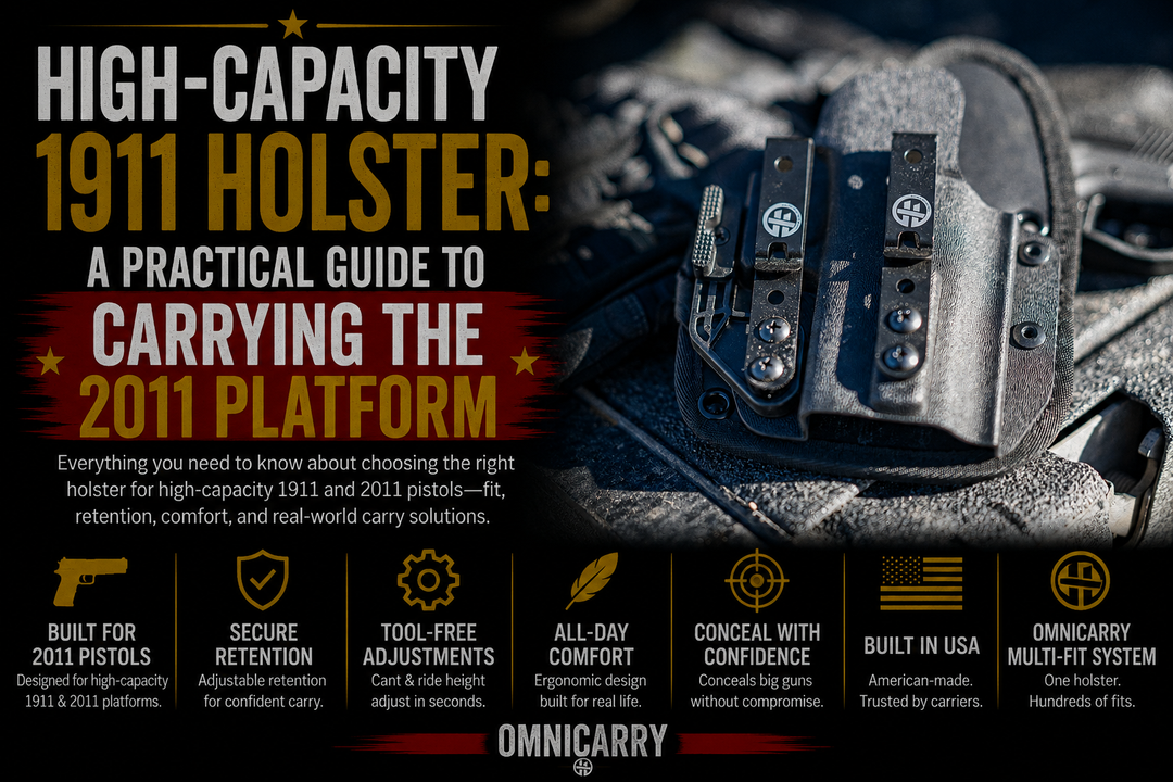 OmniCarry high-capacity 1911 and 2011 holster with adjustable retention for concealed carry.